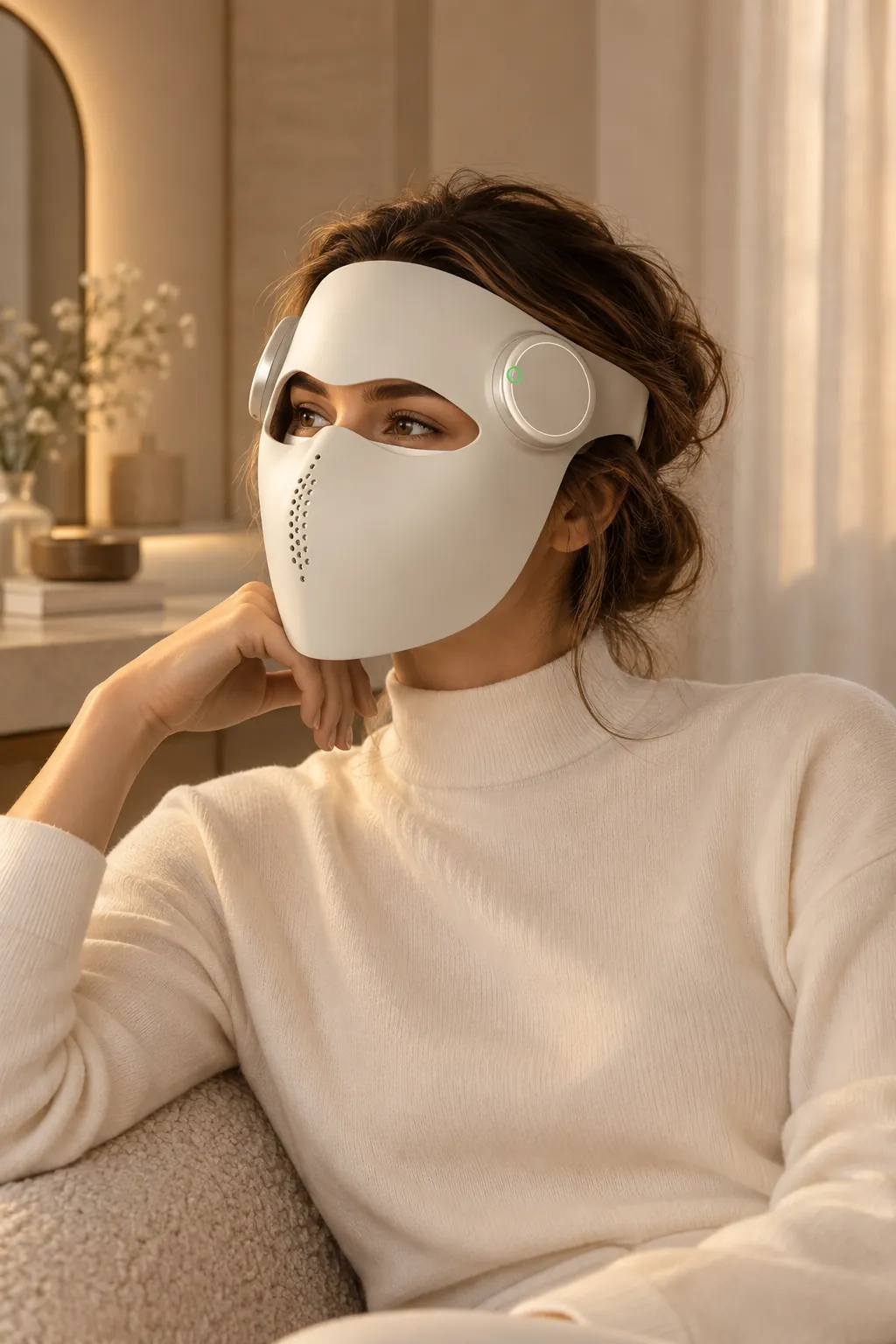 Campaign image of a woman wearing the VEYLÉA Luxe Mask